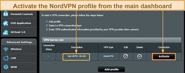 Screenshot of how to activate NordVPN on ASUS router configuration page