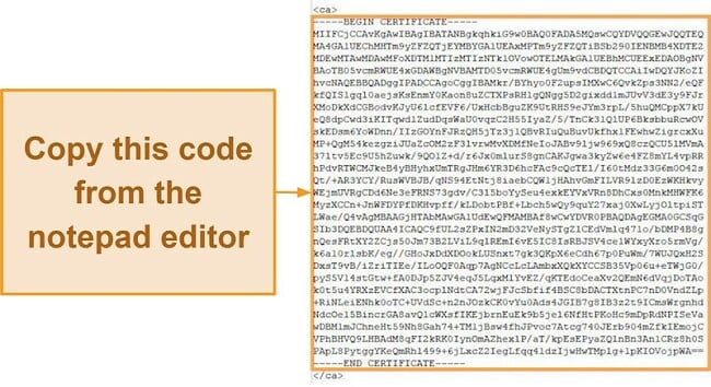 Screenshot of certificate code on NordVPNs OpenVPN config file when opened through Notepad