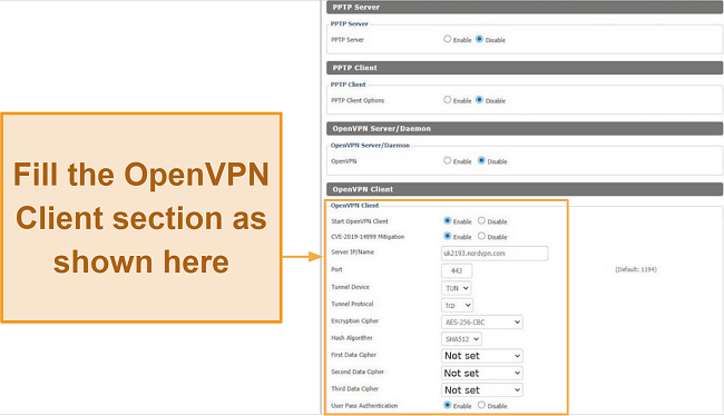 Screenshot of configuration required for setting up NordVPN on DD-WRT router page