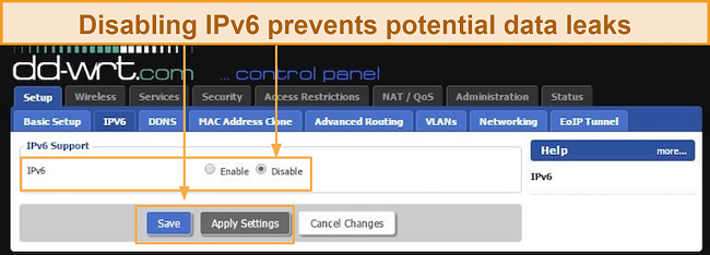 Screenshot of how to disable IPv6 support from DD-WRT's control panel