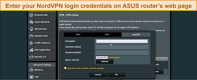 Screenshot of where to enter NordVPN's login credentials on ASUS router webpage