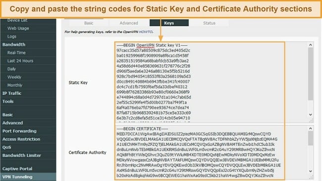 Screenshot of string codes copy pasted from the NordVPN server config file to the Static Key and Certificate Authority sections on Tomato router's OpenVPN client section