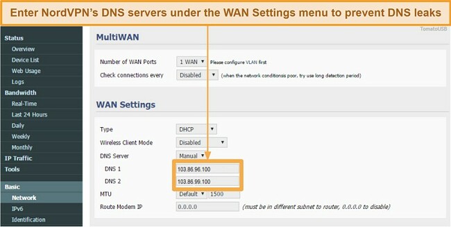 Screenshot of how to add NordVPN's DNS servers to Tomato router's WAN settings to prevent possible DNS leaks
