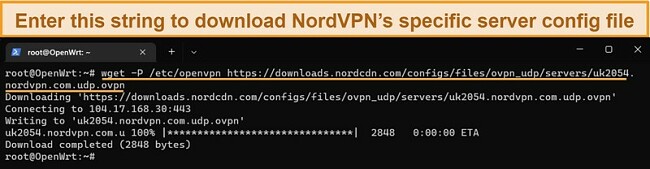Screenshot of OpenWRT's command-line interface showing the script used to download NordVPN's server config file on to the OpenVPN directory