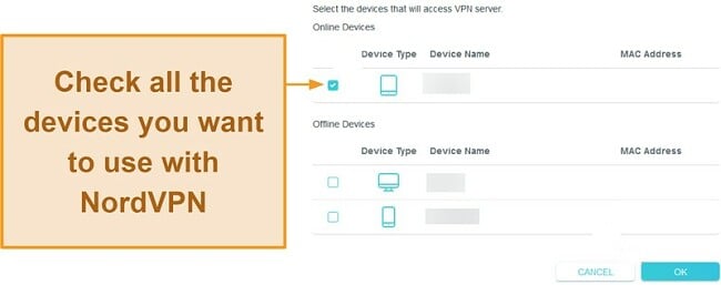 Screenshot of how to select which devices can access NordVPN via TP-Link router