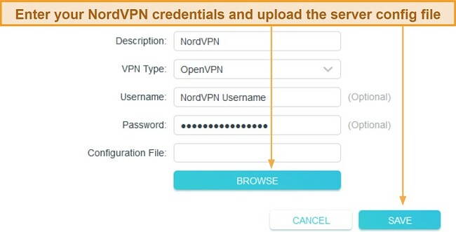 Screenshot of how to upload NordVPN's server config file under TP-Link's Add Profile section