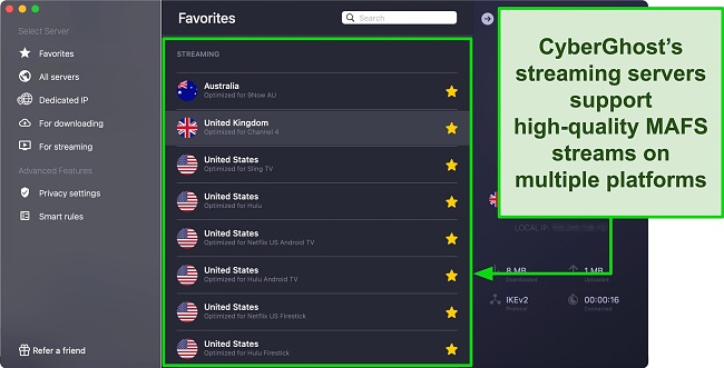 Screenshot of CyberGhost's streaming-optimized servers for Channel 4, 9Now, Hulu, and Netflix US