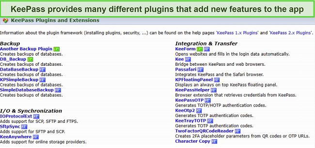 Screenshot of the available plugins on KeePass' website