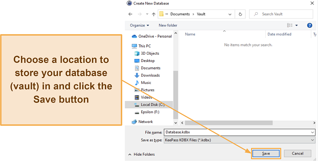 Screenshot showing how to choose a file location for KeePass' vault