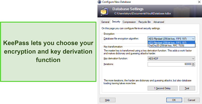Screenshot of KeePass' vault settings where you can choose encryption and key derivation functions