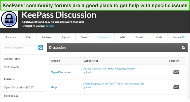 Screenshot showing KeePass' community forums