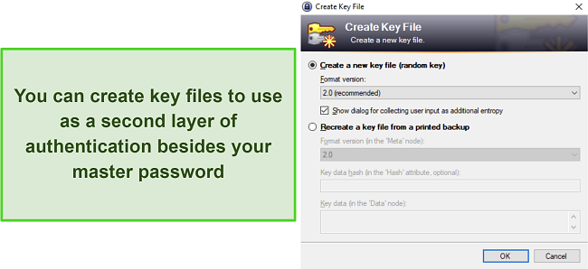 Screenshot of the key file creation menu in KeePass