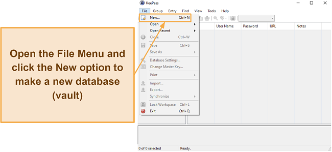 Screenshot showing how to create a new vault in KeePass