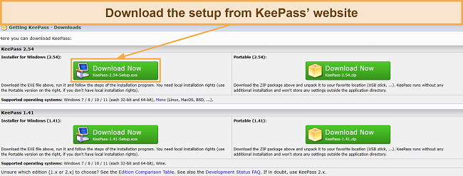 Screenshot showing how to download KeePass' setup from its website