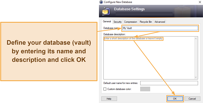 Screenshot showing how to enter details for your KeePass vault