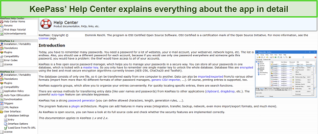 Screenshot showing the main page of KeePass' Help Center