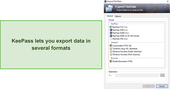 Screenshot of KeePass' password export options