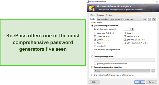 Screenshot of KeePass' password generator settings