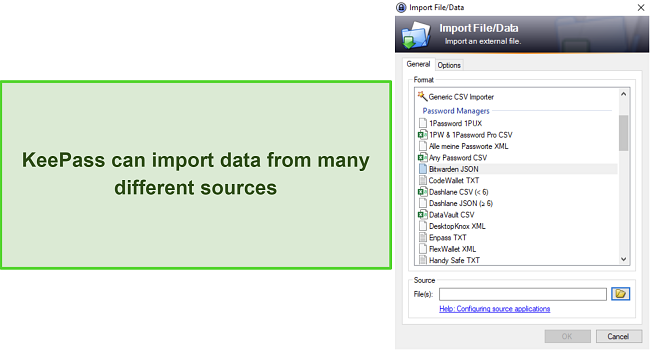 Screenshot of KeePass' password import options