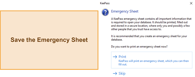 Screenshot showing KeePass asking to save the Emergency Sheet for vault recovery