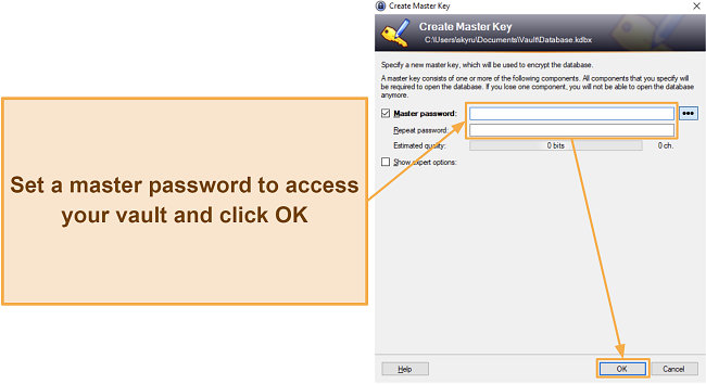 Screenshot showing how to set a master password for your KeePass vault
