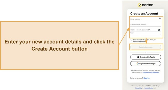 Screenshot showing the account creation page for Norton Password Manager