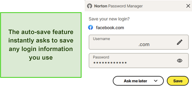 Screenshot of Norton Password Manager's auto-save feature