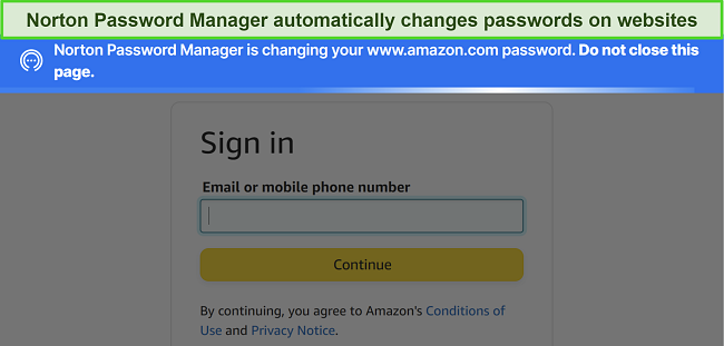 Screenshot of Norton Password Manager's password changer working on the Amazon website