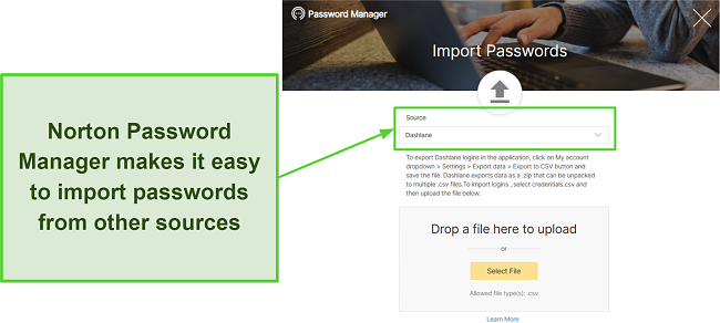 Screenshot of Norton Password Manager's import feature