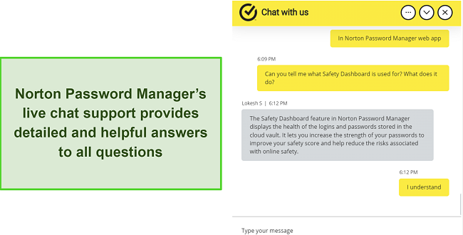 Screenshot of a conversation with Norton Password Manager's support