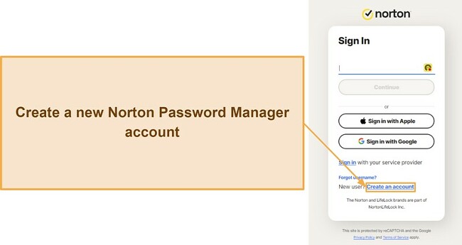 Screenshot showing how to create a new account for Norton Password Manager