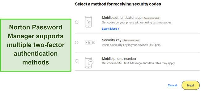 Screenshot of Norton Password Manager's supported two-factor authentication options