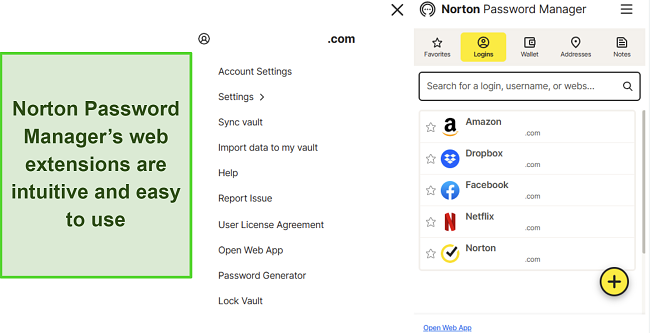 Screenshot of Norton Password Manager's web extension interface
