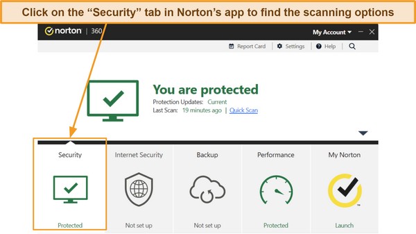 Screenshot of Norton's interface highlighting the Security tab