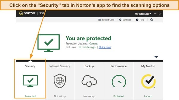 Screenshot of Norton's interface highlighting the Security tab