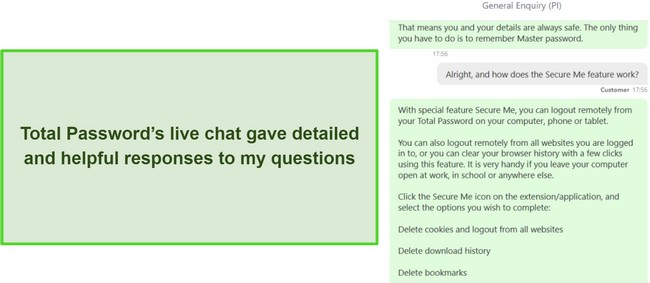 Screenshot of a conversation with Total Password's live chat support