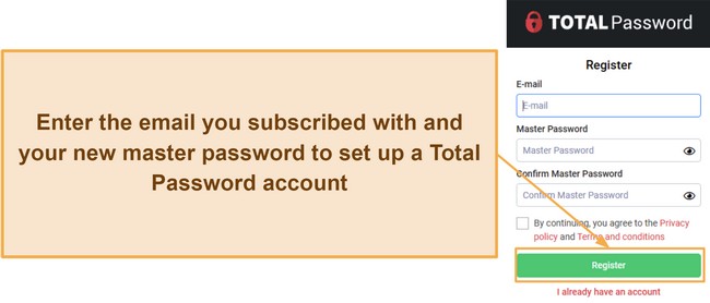 Screenshot showing how to make a Total Password account