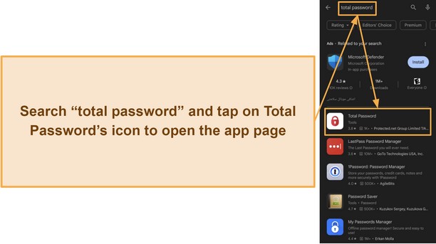 Screenshot showing how to find Total Password in the Google Play store