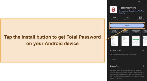 Screenshot showing how to install Total Password on Android using the Google Play store