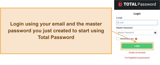 Screenshot showing how to log into Total Password after making an account