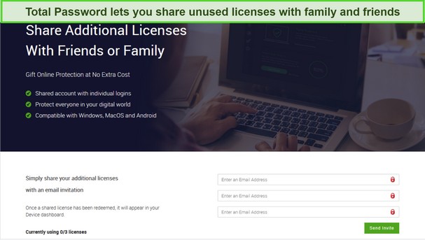 Screenshot of Total Password's license sharing menu