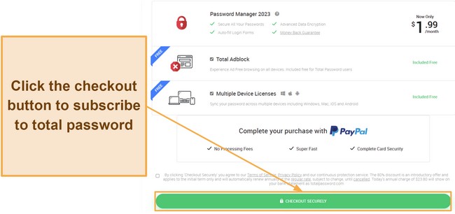 Screenshot showing how to checkout after confirming your Total Password subscription