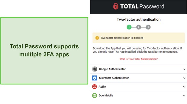 Screenshot of Total Passwords 2FA options