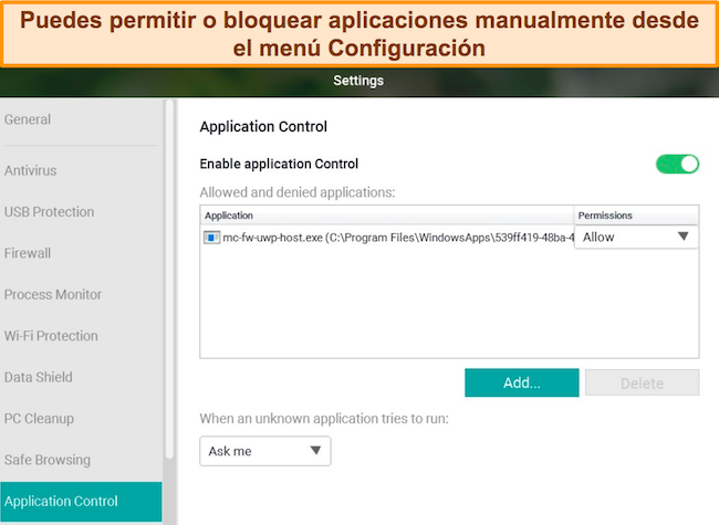 Captura de pantalla del menú de configuración de Control de Aplicaciones de Panda