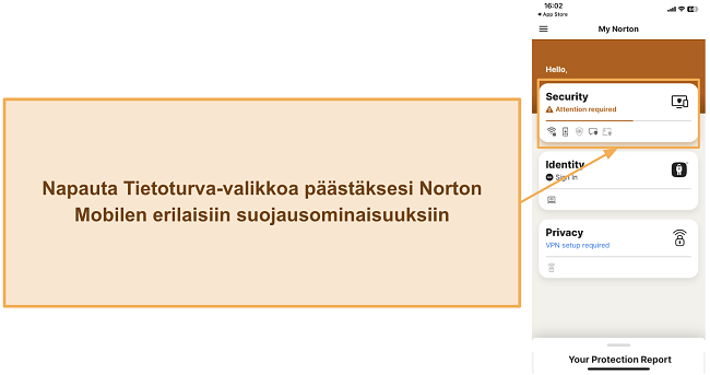Kuvakaappaus siitä, kuinka käyttää Nortonin turvaominaisuuksia iOS:ssä