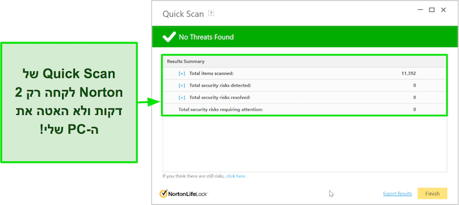 צילום מסך של מסך תוצאות הסריקה המהירה של נורטון