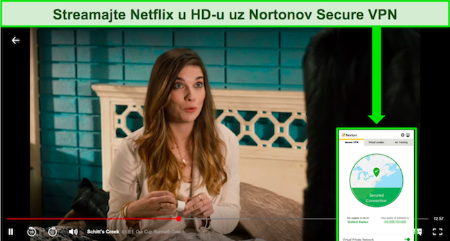Snimka zaslona Norton 360 VPN-a koji deblokira Netflix US