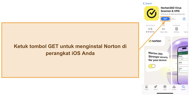 Tangkapan layar yang menunjukkan cara menginstal Norton di perangkat iOS