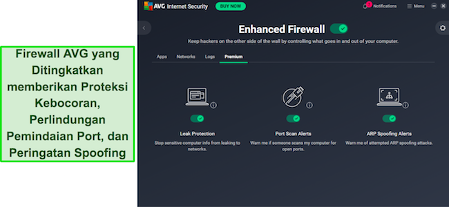 Aplikasi AVG menunjukkan perlindungan firewall yang ditingkatkan