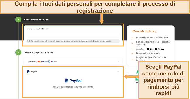 Cattura schermo della pagina di iscrizione di IPVanish con PayPal scelto come metodo di pagamento